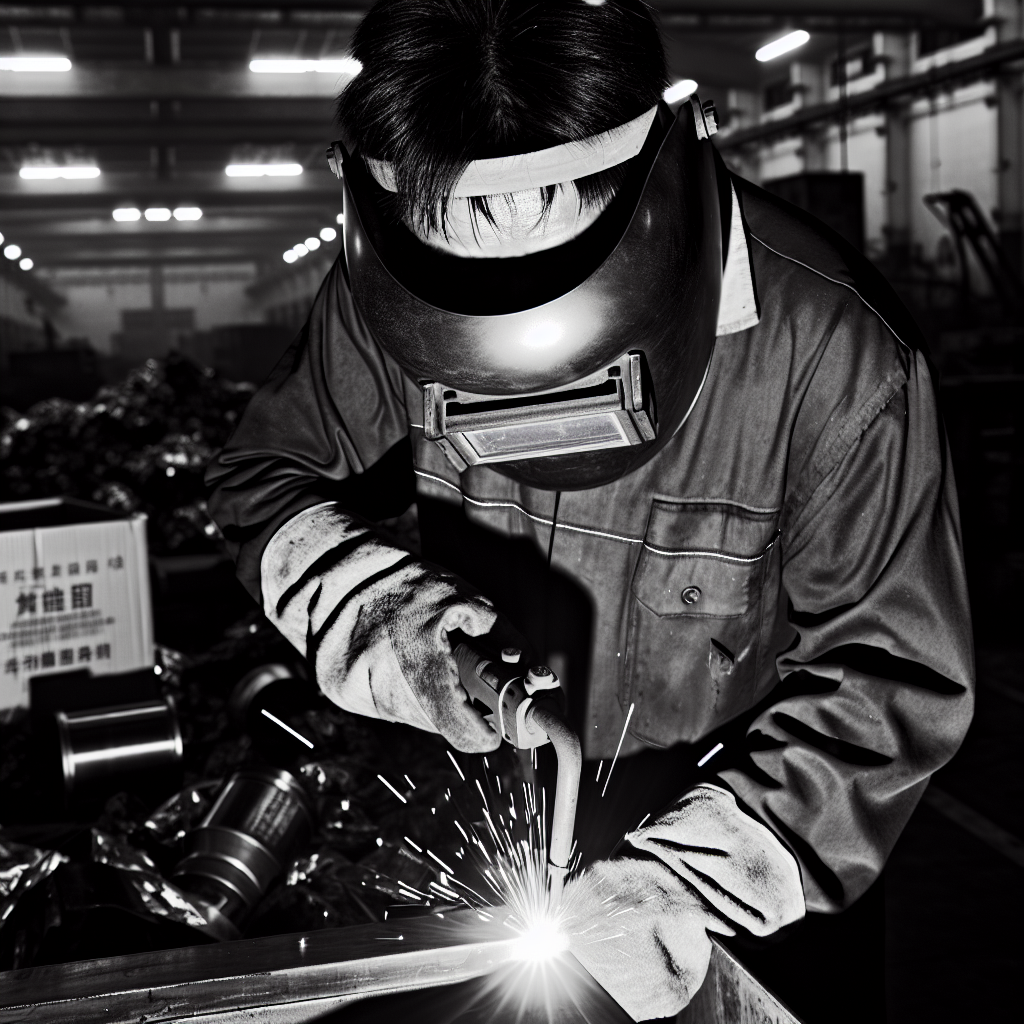 Chinese factory workers welding parts